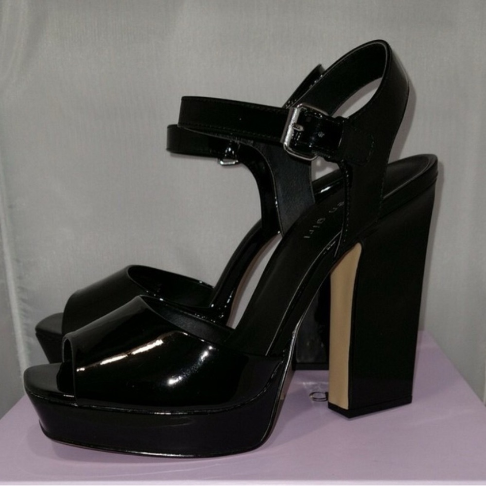 Black Patent Platform Block Heel Sandals - Women